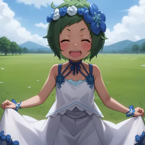 best quality, 4k, ((masterpiece)), extremely detailed, 8k, trending on ArtStation, Intricate, High Detail, Sharp focus,
<lora:Typhone:1>
1girl, solo, short hair, closed eyes, green hair, open mouth, dress, smile, head wreath, blush, day, cloud, outdoors, sky, white dress, :d,dark-skinned female,
