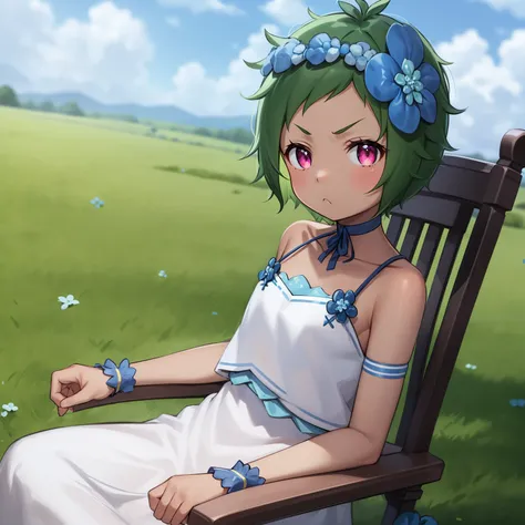 best quality, 4k, ((masterpiece)), extremely detailed, 8k, trending on ArtStation, Intricate, High Detail, Sharp focus,
<lora:Typhone:1>
1girl, solo, short hair, green hair,:<, sky, hair ornament, white dress, frown, head wreath, cloud, day, flower, hair flower,clenched hands, looking at viewer, purple eyes,dark-skinned female,sitting, chair,