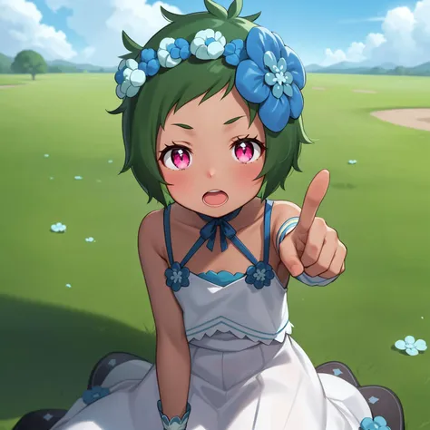 best quality, 4k, ((masterpiece)), extremely detailed, 8k, trending on ArtStation, Intricate, High Detail, Sharp focus,
<lora:Typhone:1>
1girl, solo, short hair, green hair, open mouth, pointing, sky, cloud, dress, day, flower, sitting, head wreath, hair ornament, hair flower, purple eyes, blush, dark skin, outdoorsdark-skinned female,