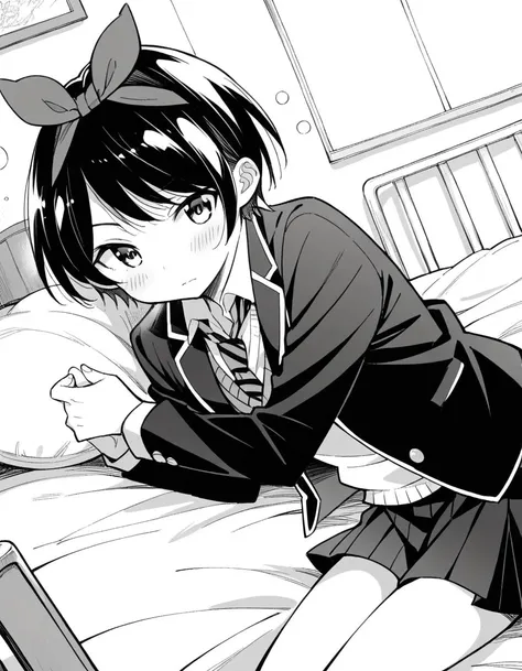 score_9, score_8_up, score_7_up, source_anime,
rukasarashina, <lora:ruka-sarashina-manga-ponyxl-lora-nochekaiser:1>,
ruka sarashina, short hair, bangs, black hair, ribbon, hair ribbon, hairband, monochrome, greyscale,
skirt, shirt, long sleeves, school uniform, jacket, white shirt, pleated skirt, necktie, striped, black skirt, black jacket, blazer, sweater vest, striped necktie,
indoors, bed, bed room, on side, blush, drunk,
looking at viewer, dutch angle, cowboy shot, solo,