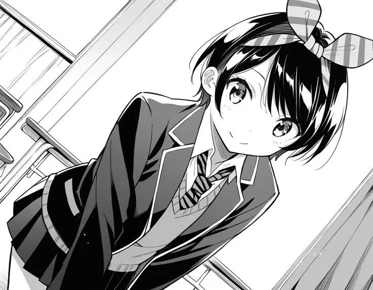 score_9, score_8_up, score_7_up, source_anime,
rukasarashina, <lora:ruka-sarashina-manga-ponyxl-lora-nochekaiser:1>,
ruka sarashina, short hair, bangs, black hair, ribbon, hair ribbon, hairband, monochrome, greyscale,
skirt, shirt, long sleeves, school uniform, jacket, white shirt, pleated skirt, necktie, striped, black skirt, black jacket, blazer, sweater vest, striped necktie,
indoors, classroom, bent over, smile,
looking at viewer, dutch angle, cowboy shot, solo,