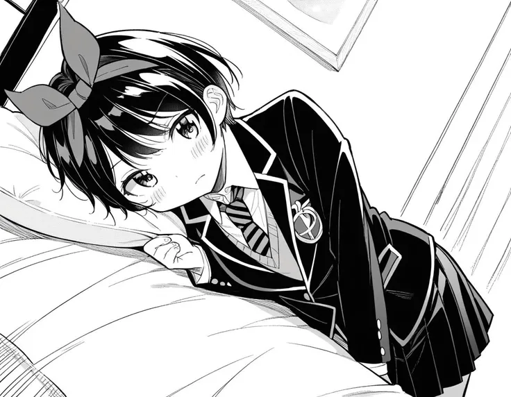 score_9, score_8_up, score_7_up, source_anime,
rukasarashina, <lora:ruka-sarashina-manga-ponyxl-lora-nochekaiser:1>,
ruka sarashina, short hair, bangs, black hair, ribbon, hair ribbon, hairband, monochrome, greyscale,
skirt, shirt, long sleeves, school uniform, jacket, white shirt, pleated skirt, necktie, striped, black skirt, black jacket, blazer, sweater vest, striped necktie,
indoors, bed, bed room, on side, blush, drunk,
looking at viewer, dutch angle, cowboy shot, solo,