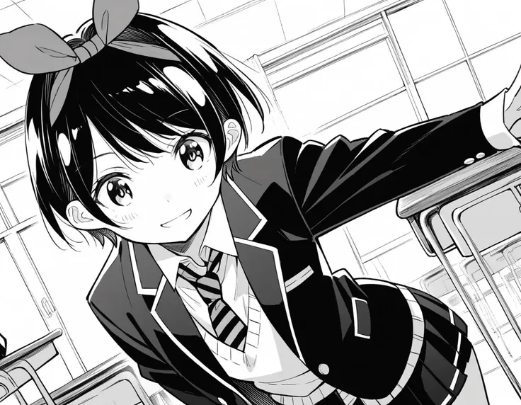 score_9, score_8_up, score_7_up, source_anime,
rukasarashina, <lora:ruka-sarashina-manga-ponyxl-lora-nochekaiser:1>,
ruka sarashina, short hair, bangs, black hair, ribbon, hair ribbon, hairband, monochrome, greyscale,
skirt, shirt, long sleeves, school uniform, jacket, white shirt, pleated skirt, necktie, striped, black skirt, black jacket, blazer, sweater vest, striped necktie,
indoors, classroom, bent over, smile,
looking at viewer, dutch angle, cowboy shot, solo,