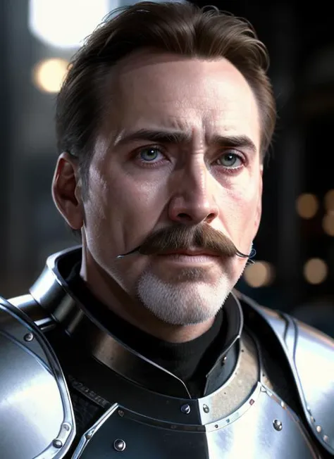 timeless style, masterpiece, best quality, 8k, artstation, sharp focus, ultrarealistic, high details, raw photo portrait of nc1, man, masculine, mustache, (in knight's armor) perfect face, perfect eyes, volumetric lighting, depth of field, cinematic lighting,
<lora:NicolasCage-10:0.8>