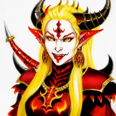 <lora:HOMM5_portrait_v1:0.8> HOMM5 portrait, female (demon:1.5), yellow hair, spiked red armor and shoulder pads, smiling, glowing eyes, earrings, white background concept art, (colored pencil art:0.8), fantasy