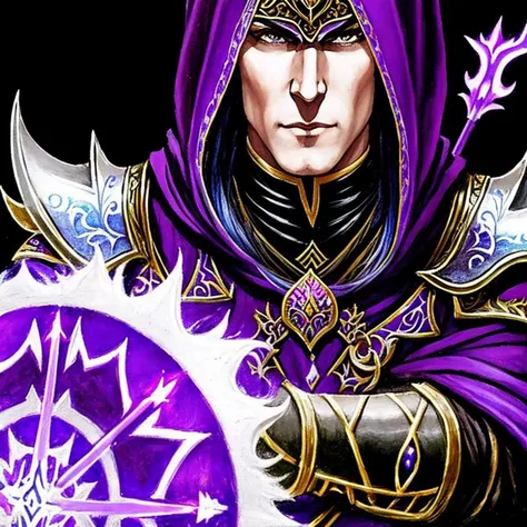 <lora:HOMM5_portrait_v1:0.8> HOMM5 portrait, male elf, purple hair, war paint, black and purple hooded robe, silver bracelet, white background, casts a spell, concept art, (colored pencil art:0.8), fantasy