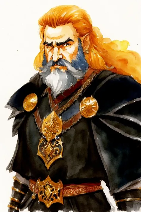 <lora:HOMM5_portrait_v1:0.8> HOMM5 portrait, male dwarf, stern, gray beard, shoulder pads, robe, black gloves, concept art, (watercolor marker painting:0.8), fantasy