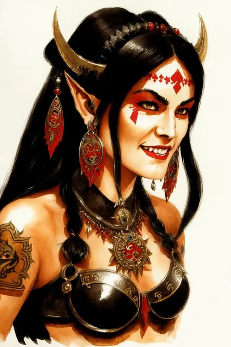 <lora:HOMM5_portrait_v1:0.8> HOMM5 portrait, female (ork:1.3), war paint, black hair, pigtails, round silver earrings, piercing, teeth necklace, leather top concept art, (watercolor marker painting:0.8), fantasy