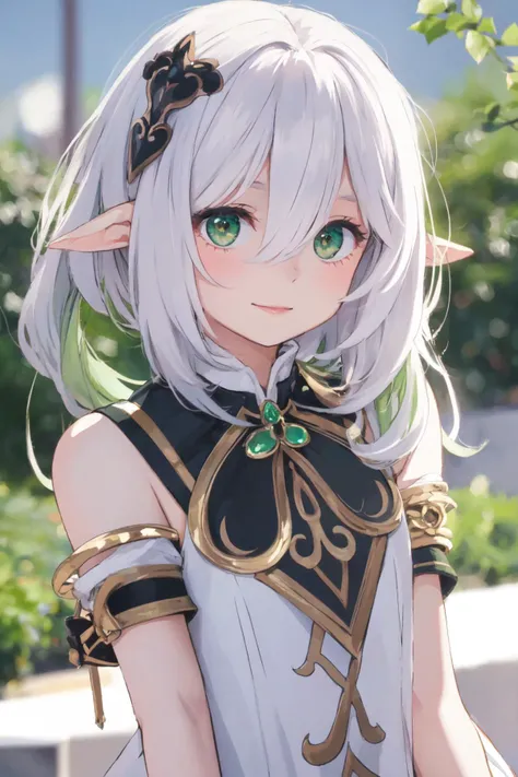 (masterpiece:1.3),best quality,high resolution,unity 8k wallpaper,(illustration:1),perfect lighting,photo_\(medium\),photorealistic,realistic,<lora:GoodHands-vanilla:1>,
finely detail,extremely detailed,soft lighting and shadow,soft yet striking lighting,film grain:1.2,<lora:naxida-000007:0.7>,
nahida \(genshin impact\), 1girl, pointy ears, green eyes, solo, long hair, white hair, bangs, side ponytail, hair ornament, detached sleeves, dress, blurry, white dress, looking at viewer, bracelet, multicolored hair, smile, jewelry, gradient hair, sidelocks, 3d background, depth of field, hair between eyes, short sleeves, symbol-shaped pupils