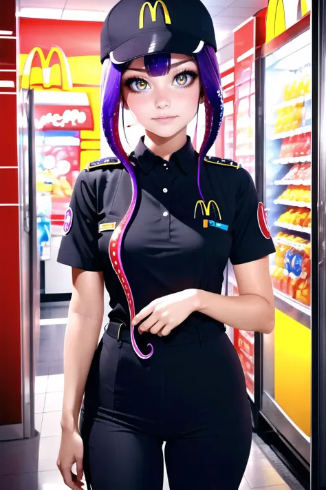 Highly detailed, High Quality, Masterpiece, beautiful, 1girl, solo, tentachan, <lora:Char_Meme_Tentachan:0.9>, McDonaldsUniform, shirt, black shirt, uniform, black pants, pants, cap, <lora:Outfit_McDonaldsUniformBlack:0.8>