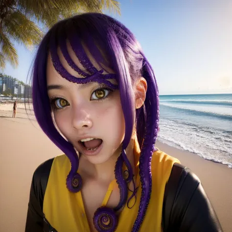 (((masterpiece, best quality, high quality))), portrait of tentachan, concern facial expression, open mouth, <lyco:tentachan-v2:1>, cyberpunk outfit, beach background, solo focus