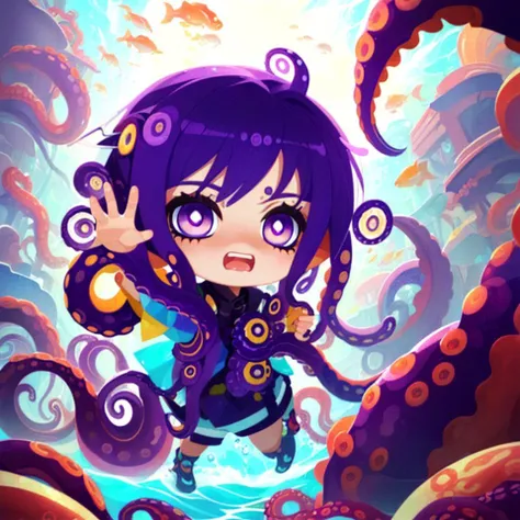 (((masterpiece, best quality, high quality, chibi, tentachan))), bust of tentachan, disappointment facial expression, open mouth, <lyco:tentachan-v2:1>, cyberpunk outfit, underwater background, solo focus,<lyco:style_onmyoji-20:1.0>