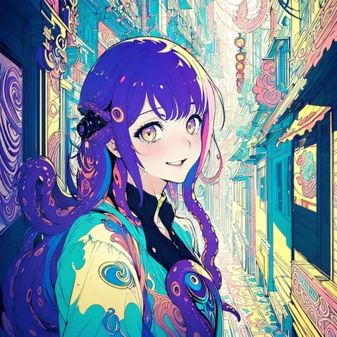 (((masterpiece, best quality, high quality, art nouveau, art decor))), portrait of tentachan, laughing facial expression, closed mouth, <lyco:tentachan-v2:1>, cyberpunk outfit, underwater background, solo focus