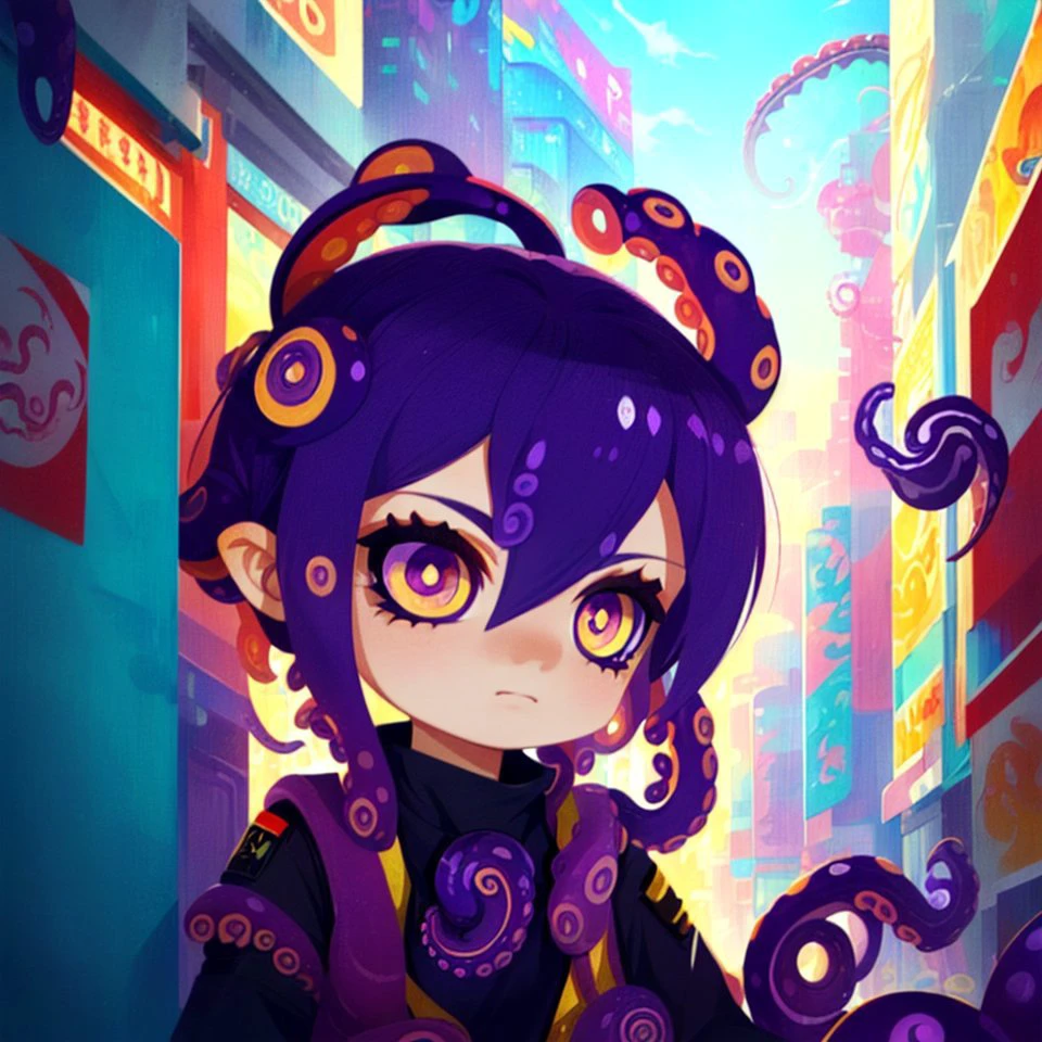 (((masterpiece, best quality, high quality, chibi, tentachan))), close-up of tentachan, disappointment facial expression, closed mouth, <lyco:tentachan-v2:1>, cyberpunk outfit, city background, solo focus,<lyco:style_onmyoji-20:1.0>