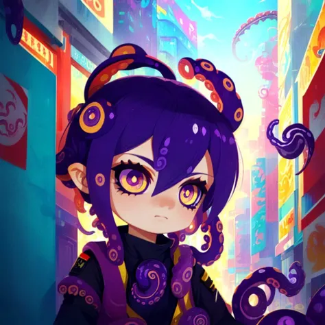 (((masterpiece, best quality, high quality, chibi, tentachan))), close-up of tentachan, disappointment facial expression, closed mouth, <lyco:tentachan-v2:1>, cyberpunk outfit, city background, solo focus,<lyco:style_onmyoji-20:1.0>