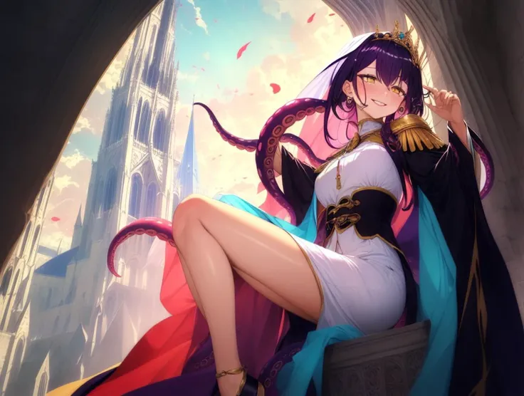 (((masterpiece, best quality, high quality))), full-body of tentachan, smiling facial expression, closed mouth, open eyes, <lyco:tentachan-v2:1.0>, yellow eyes, Somber wool habit in black, featuring a high-waisted ankle-length skirt, a loose-fitting long-sleeved tunic, a white linen wimple, and a black veil, Queen, Average Height, Thin, Triangular Face, Tan Skin, Brunette Hair, teal Eyes, Narrow Nose, Thick Lips, Prominent Chin, Shoulder-Length Hair, Fine Hair, High Chignon, round breasts, Clip-on earrings, red cream lipstick, Lying on the back with knees bent and feet on the ground, lifting the pelvis, Grand medieval cathedral, its towering spires reaching towards the heavens, underwater background