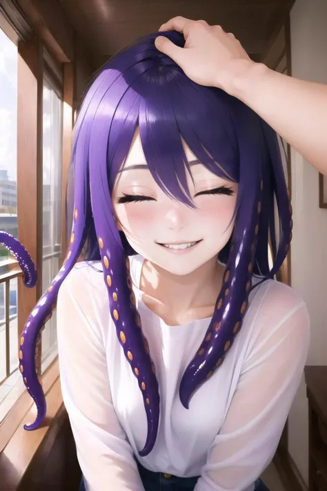 Highly detailed, High Quality, Masterpiece, beautiful, 1girl, solo, tentachan, <lora:Char_Meme_Tentachan:0.9>, purple hair, tentacle hair, HeadpatPOV, headpat, pov, <lora:Pos_HeadpatPOV:1>, closed eyes, blush, ^_^, smile, bright smile, teeth,