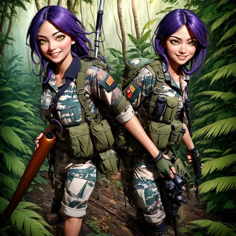 (((masterpiece, best quality, high quality))), bust of tentachan, smiling facial expression, closed mouth, , <lyco:tentachan-v2:1>, Post-apocalyptic, shabby Hunter Outfit: Camouflage jacket, cargo pants, hunting boots, quiver, fingerless gloves., jungle background