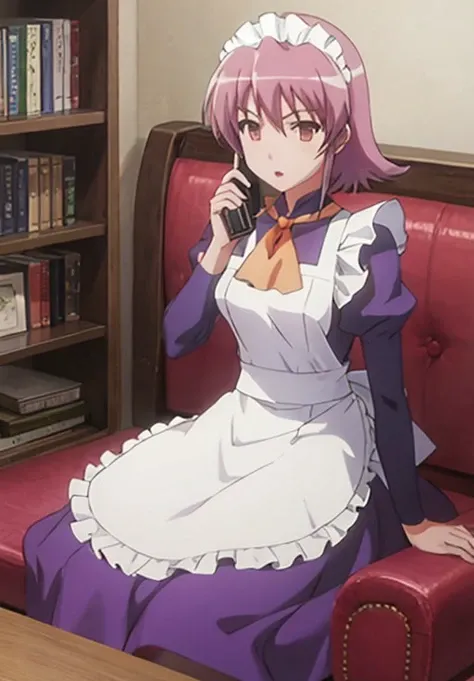 <lora:ShakugannoShana:1.0>, ShakugannoShana, Wilhelmina, solo, looking at viewer, open mouth, bangs, long sleeves, dress, holding, hair between eyes, brown eyes, sitting, pantyhose, frills, parted lips, alternate costume, puffy sleeves, indoors, medium hair, apron, book, maid, maid headdress, ascot, chair, phone, cellphone, juliet sleeves, white apron, couch, smartphone, purple dress, maid apron, holding phone, frilled apron, enmaided, long dress, talking on phone, flip phone, corded phone