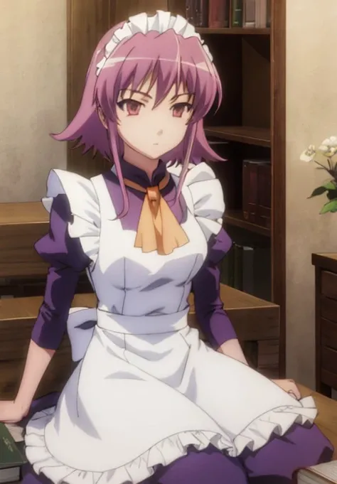 <lora:ShakugannoShana:1.0>, ShakugannoShana, Wilhelmina, solo, dress, sitting, frills, indoors, apron, book, maid, maid headdress, ascot, expressionless, maid apron, enmaided, headdress, book stack