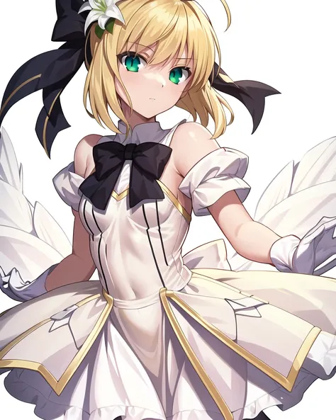 best quality,highly detailed,masterpiece,ultra-detailed,solo,(1girl),(Delicate eyes),(white background:1.3), lily_\(flower\), saber_lily, blonde_hair, ahoge, green_eyes,white_gloves, pantyhose, hair_bow, white dress,