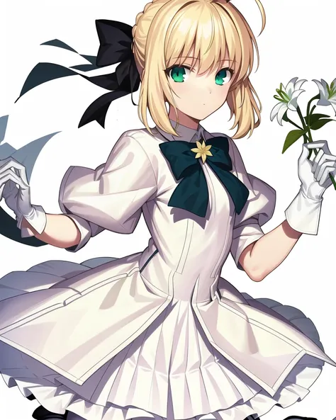 best quality,highly detailed,masterpiece,ultra-detailed,solo,(1girl),(Delicate eyes),(white background:1.3), lily_\(flower\), saber_lily, blonde_hair, ahoge, green_eyes,white_gloves, pantyhose, hair_bow, white dress,wariza,