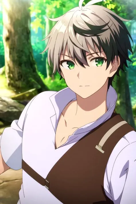 masterpiece, best quality, game cg, 1boy, solo, male focus, looking at viewer, , depth of field, <lora:rein_shroud:0.70>, rein_shroud, grey hair, green eyes, two-tone hair, black hair