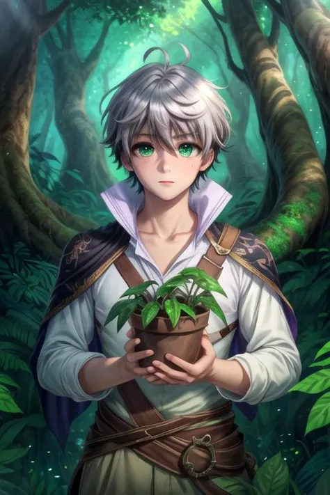 masterpiece, best quality, illustration, 1boy, solo, male focus, looking at viewer, , depth of field, <lora:rein_shroud:0.68>, rein_shroud, grey hair, green eyes, two-tone hair, black hair, , An enchanted forest where magical creatures and plants abound,