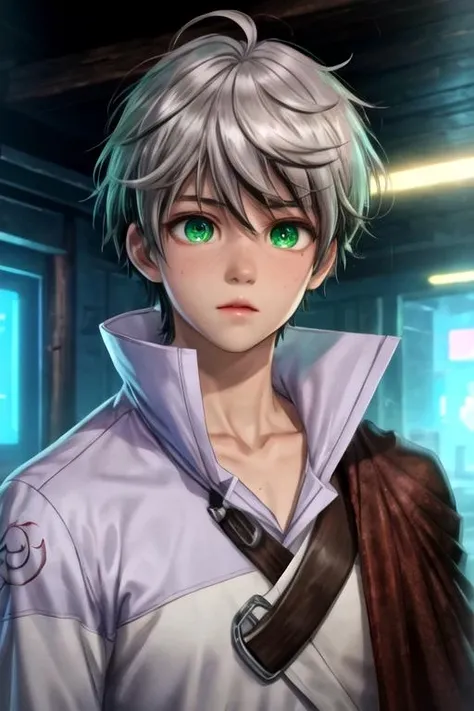 masterpiece, best quality, game cg, 1boy, solo, male focus, looking at viewer, upper body, depth of field, <lora:rein_shroud:0.72>, rein_shroud, grey hair, green eyes, two-tone hair, black hair, timber costume, cyberpunk,