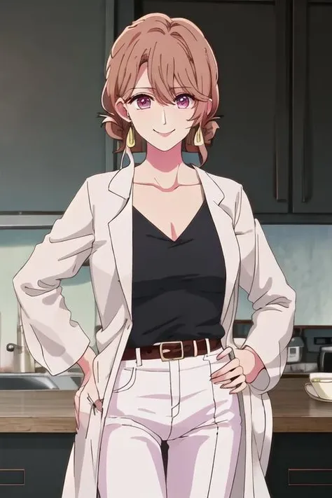 best quality, masterpiece, highres, solo, {saitou_miyako_oshinoko:1.15}, brown_hair, bangs, long_hair, earrings, jewelry, hair_between_eyes, closed_mouth, purple_eyes, 1girl, belt, collarbone, pants, shirt, white_pants, black_shirt, breasts, hand_on_hip, labcoat, pink_hair, smile, short_hair