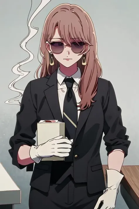 best quality, masterpiece, highres, solo, {black business suit:1.40}, {tie:1.20}, {sunglasses:1.25}, {white gloves:1.15}, {white shirt:1.10}, {black skirt:1.15}, {smoking:1.20}, handsome, {saitou_miyako_oshinoko:1.15}, brown_hair, bangs, long_hair, earrings, jewelry, hair_between_eyes, closed_mouth, purple_eyes