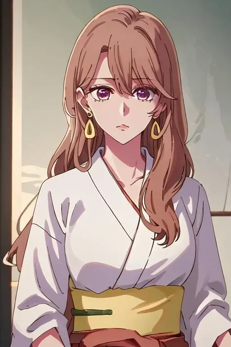 best quality, masterpiece, highres, solo, {white kimono:1.35}, {red hakama:1.35}, {wide sleeves:1.20}, {saitou_miyako_oshinoko:1.15}, brown_hair, bangs, long_hair, earrings, jewelry, hair_between_eyes, closed_mouth, purple_eyes