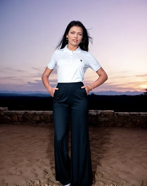 cinematic photo a woman wearing (Polo shirt and Wide-leg pants: Loose-fitting pants with a wide leg opening, offering a relaxed and flowy silhouette.) Knee tuck jump: Jumping while pulling your knees up toward your chest. <lora:quiron_TaniaRussof_v7_Lora:0.87> TaniaRussof woman, . 35mm photograph, film, bokeh, professional, 4k, highly detailed