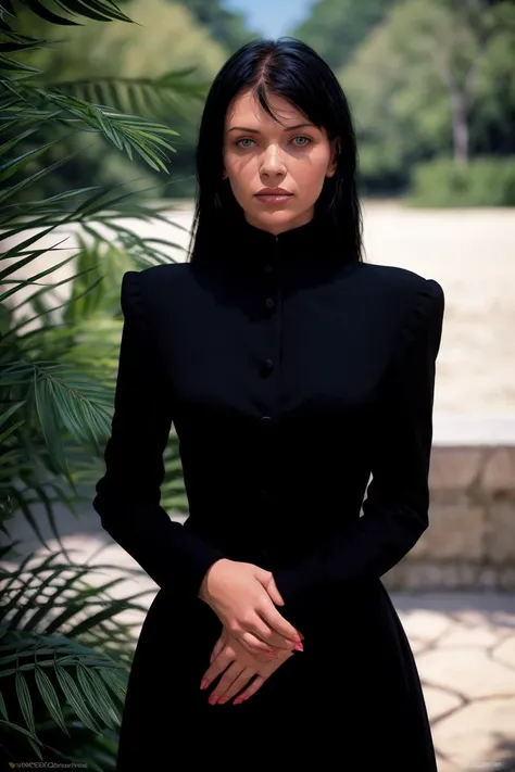 A stunning intricate full color portrait of a woman,wearing a high neck black dress <lora:epiNoiseoffset_v2:1>, having fun, epic character composition,by ilya kuvshinov, alessio albi, nina masic,sharp focus, natural lighting, subsurface scattering, f2, 35mm, film grain  <lora:quiron_TaniaRussof_v5_Lora:1>