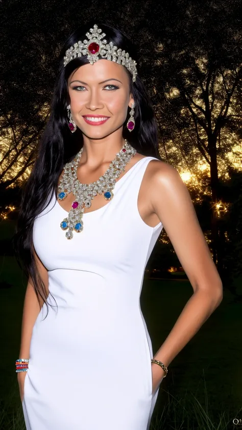 (best quality:1.3), (masterpiece:1.2), (realistic:1.2), (detailed:1.3), award winning photo of sexy woman, (quiron_TaniaRussof_vHard:1.2), blue eyes, black hair, smile, czech supermodel, medium breasts, abs, toned body, complex jelly silk dress, (wearing (jewelled headdress ( diamond, ruby, sapphire, gemstones) and necklace)), (long hair blowing in the wind), (good anatomy:1.2) , cinematic, well rendered, concept, on top of a Gothic style building, midnight, moon, beautiful Gothic style street background,
wide hips, windblown hair, swirly bokeh, sharp focus, vibrant, <lora:quiron_TaniaRussof_vHard:1.1>,