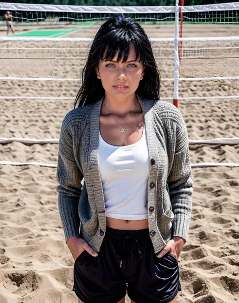 cinematic photo <lora:quiron_TaniaRussof_v7_Lora:1> TaniaRussof woman,, realistic, a woman Sand volleyball wearing Cardigan and Cargo pants: Pants with multiple pockets, often inspired by military wear., . 35mm photograph, film, bokeh, professional, 4k, highly detailed, skin pores, perfect iris, perfect eyes, serious, portrait, linkedin, grey background,