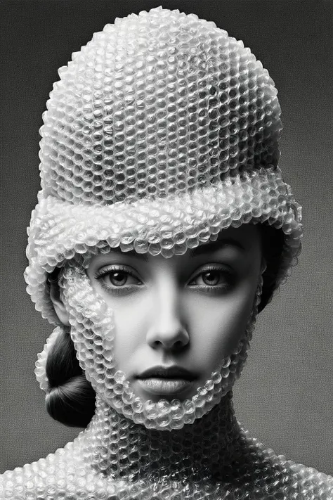 ral-bubblewrap,<lora:ral-bubblewrap:1>,art by escher,<lora:Escher_SDXL:1>,
portrait of  a woman with a hat on her head,An optical paradox:1.2 unfolds as fish:1.1 swim in an eternal waterfall:1.2,their scales reflecting the intricacies of tessellation:1.1,a nod to the artist's obsession:1.2,