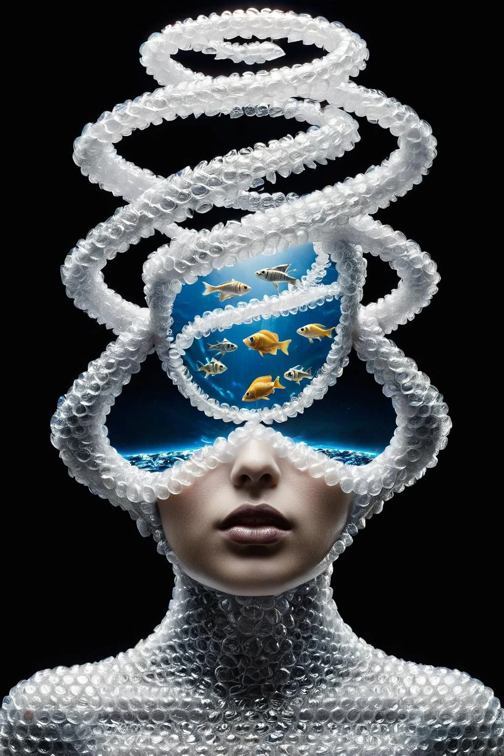 ral-bubblewrap,<lora:ral-bubblewrap:1>,art by escher,<lora:Escher_SDXL:1>,d3qck artstyle,<lora:d3qck_artstyle:0.65>,
portrait of a woman with a hat on her head,An optical paradox:1.2 unfolds as fish:1.1 swim in an eternal waterfall:1.2,their scales reflecting the intricacies of tessellation:1.1,a nod to the artist's obsession:1.2,