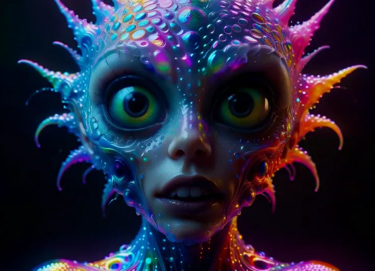 Ombre color scheme of neon orange, neon pink, neon blue, neon yellow, neon green, creepy little (alien:1.1) anime, detailed scene, perfect face, intricately detailed photorealism, trending on artstation, neon lights, rainy night, stunning full body anime art by (Mark Ryden:1.1) and (Tim Burton:1.1), subsurface scattering, ultra hd, 4k, high def, Photorealistic, Hyperrealistic, Hyper detailed, analog style, realistic, masterpiece, best quality, ultra realistic, 8k, Intricate, High Detail, film photography, soft lighting, heavy shadow <lora:EnvyInkSwirlXL01:0.8> swirling ink <lora:bigeyes-v2_16x8-4x1:1.25> big eyes, <lora:ral-bubblewrap:0.35> ral-bubblewrap <lora:fx-monsters-XL:0.6> <lora:ral-anmlsktn:0.6> ral-anmlsktn
