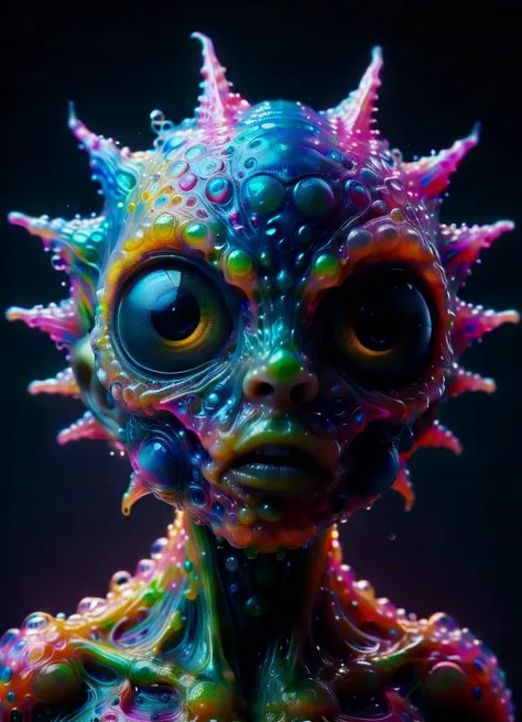 Ombre color scheme of neon orange, neon pink, neon blue, neon yellow, neon green, creepy little (alien:1.1) anime, detailed scene, perfect face, intricately detailed photorealism, trending on artstation, neon lights, rainy night, stunning full body anime art by (Mark Ryden:1.1) and (Tim Burton:1.1), subsurface scattering, ultra hd, 4k, high def, Photorealistic, Hyperrealistic, Hyper detailed, analog style, realistic, masterpiece, best quality, ultra realistic, 8k, Intricate, High Detail, film photography, soft lighting, heavy shadow <lora:EnvyInkSwirlXL01:0.8> swirling ink <lora:bigeyes-v2_16x8-4x1:1.25> big eyes, <lora:ral-bubblewrap:0.35> ral-bubblewrap <lora:fx-monsters-XL:0.6> <lora:ral-anmlsktn:0.6> ral-anmlsktn