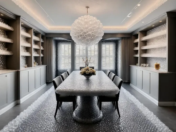 (masterpiece:1.2), best quality, a high-end modern dining room with (large dining room table surrounded by chairs:1.2), expensive decorations, cabinets and shelves, all completely covered by ral-bubblewrap, <lora:ral-bubblewrap:1>, <lora:add-detail-xl:1.5>