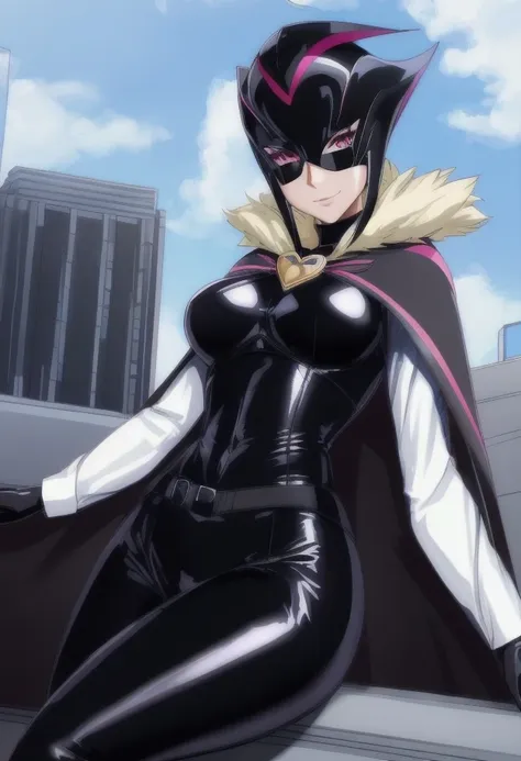 high quality, extremely detailed, perfect face, masterpiece, skyscraper rooftop,  <lora:CureMuse-Masked:.8>, Cure Muse, black latex bodysuit, white sleeves, ((black and pink mask), no hair), black cape,, heart broach, extremely glossy, smirk