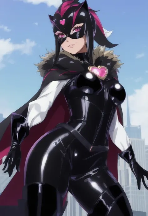 high quality, extremely detailed, perfect face, masterpiece, skyscraper rooftop,  <lora:CureMuse-Masked:.8>, Cure Muse, black latex bodysuit, (white sleeves), ((black and pink mask)), fur-trimmed black cape, heart broach, extremely glossy, smirk, thigh high boots