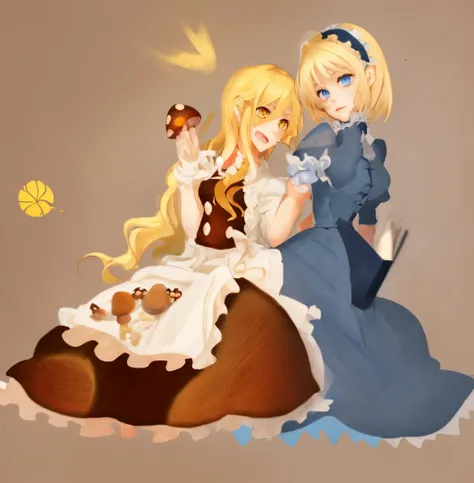 a drawing of two girls in dresses, BREAK
 <lora:marisa_kirisame_v1:0.8> marisa kirisame, blonde hair, yellow eyes, brown dress, red mushroom BREAK
 <lora:alice:0.8> alice margatroid, shanghai doll, 1girl,blonde hair, blue eyes, blue dress