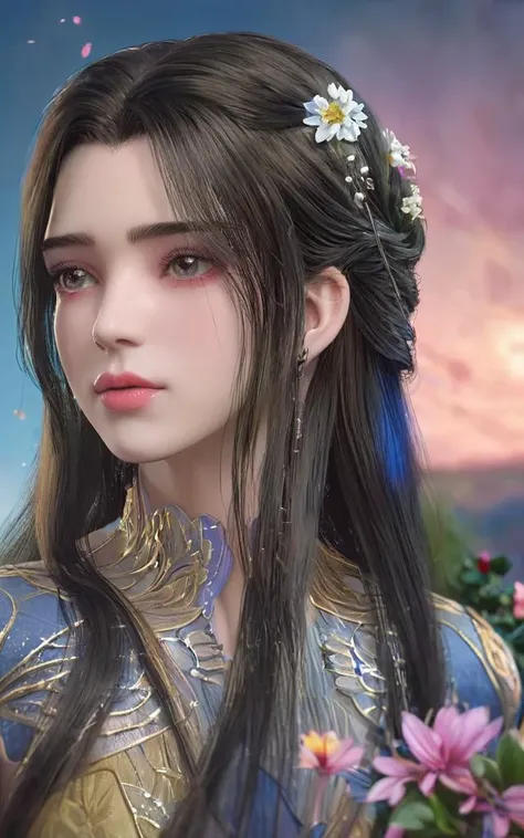 1girl,black eyes,long hair,super precise depiction, (flowers),multiple colors,high definition,Rich in intricate details. 8K,illustration,crazy colors, <lora:limuwan-000008:0.7>