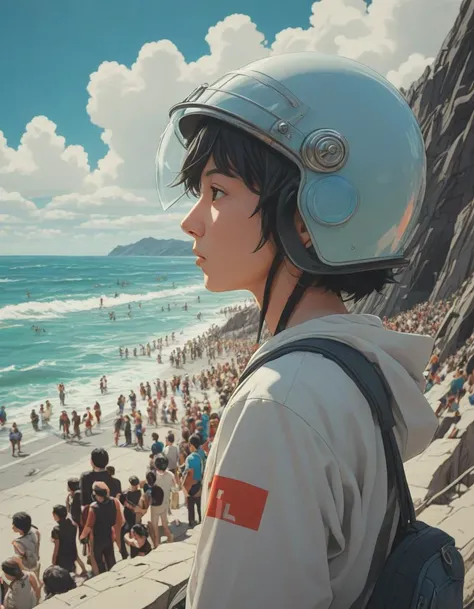 3 d portrait of a boy with astronaut helmets by ilya kuvshinov, cloudy sky background lush landscape ln illustration concept art anime key visual trending pixiv by victo ngai fanbox by greg rutkowski makoto shinkai takashi takeuchi studio ghibli, eroded coastline, eroding cliffs, pounding waves, vanishing shoreline, <lora:crowd_notrigger:1.0>