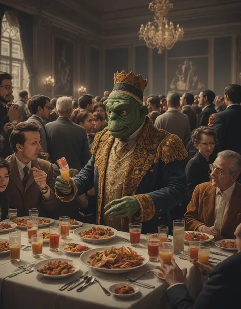 portrait of strong pepe shoot fireball, concept art, trending on artstation, highly detailed, intricate, sharp focus, digital art, 8 k, royal banquet hall, long tables, lavish decorations, feasting nobles, live music, <lora:crowd_notrigger:1.0>