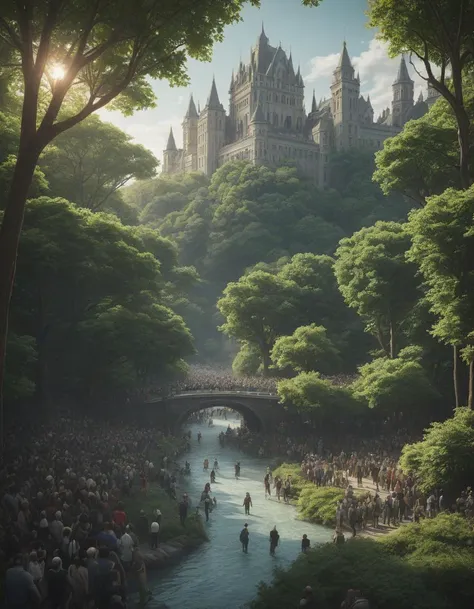 A beautiful elven forest with a river and babbling brook, ethereal, dreamlike, magical, highly detailed, volumetric lighting, illustration, concept art, 8K, by Allan Jabbar, castle, imposing fortress, medieval architecture, historic, <lora:crowd_notrigger:1.0>