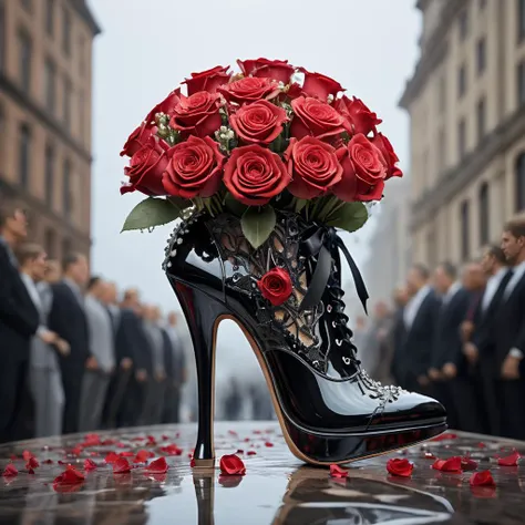 luxury product style, an extremely detailed photo of a bouquet of roses with dew in a high heeled shoe with a lace up design which is placed between a crowd of people, from below angle <lora:crowd_of_people:1> <lora:extremely_detailed:4> <lora:LatexID_-_Ai_Heels:1>, elegant, sophisticated, high-end, luxurious, professional, highly detailed