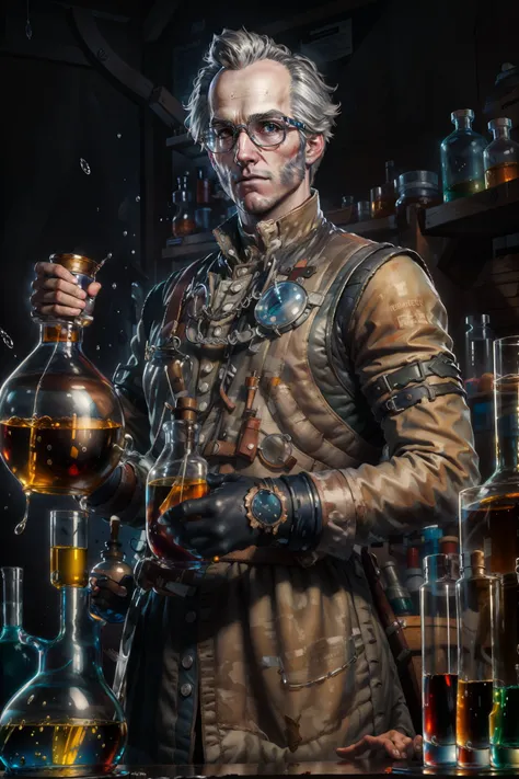 (masterpiece, top quality, best quality, official art, detailed:1.2), <lora:regisW3:0.7>, emielregisW3, facial hair, (lab coat:1.3), safety goggles, chemistry lab,